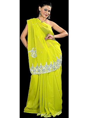 Pear-Green Sari with Sequins and Beads