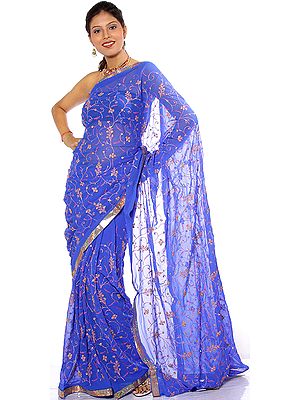 Persian-Blue Sari with All-Over Jaal Embroidery