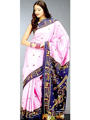 Pink and Blue Sari with Kantha Stitch Embroidery