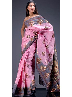 Pink and Gray Tussar Silk Sari with Kantha Stitch