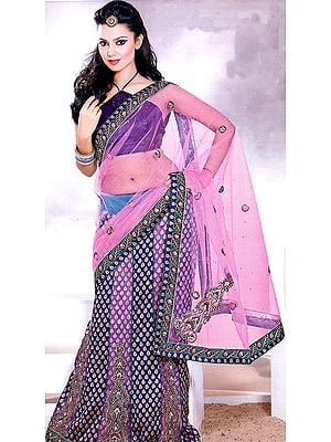 Pink and Purple Wedding Lehenga-Sari with All-Over Metallic Thread Embroidery, Beads and Sequins
