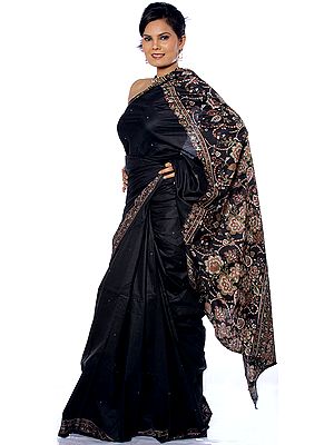 Plain Black Sari from Kolkata with Floral Print