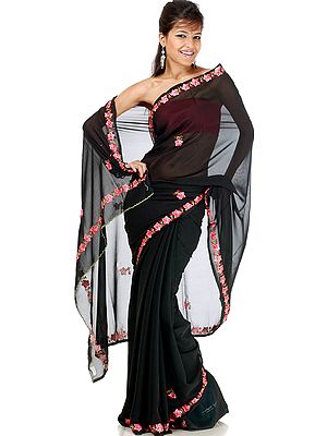 Plain Black Sari with Persian Embroidered Flowers on Border