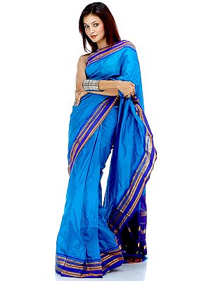 Plain Cerulean Narayanpet Sari with Temple Border