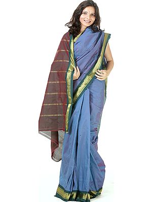 Plain Dodger-Blue and Brown Sari with Golden Thread Weave on Border