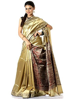 Plain Golden Banarasi Sari