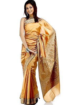 Plain Golden Banarasi Sari