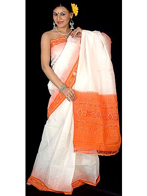 Plain Ivory and Orange Narayanpet Sari with Ikat Weave on Anchal-Border