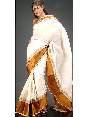 Plain Ivory Sari with Golden Border