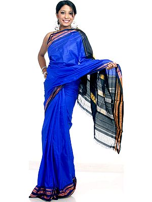 Plain Persian-Blue Narayanpet Temple Sari from Hyderabad