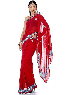 Plain Purple Sari with Parsi Embroidered Flowers on Border