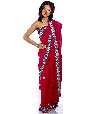 Plain Purple Sari with Parsi Embroidered Flowers on Border