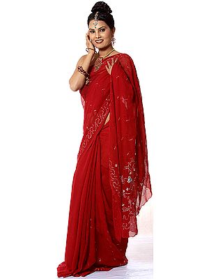 Plain Red Sari with Sequins Embroidered on Border and Anchal