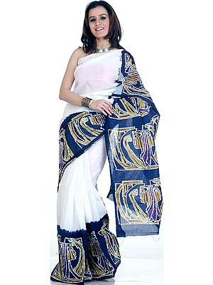 Plain White Sari with Designer Batik Pallu and Border