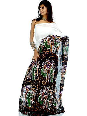 Plain White Sari with Designer Batik Pallu and Border