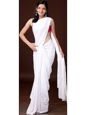 Plain White Sari with Mokaish Work