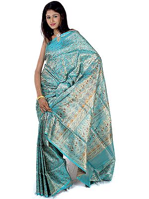 Powder-Blue Satin Tanchoi Sari with All-Over Brocade Weave
