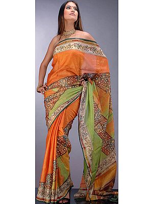 Printed Chiffon Sari with Golden Thread Weave