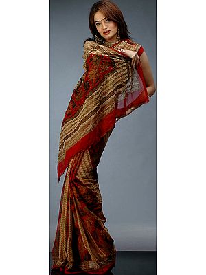 Printed Crepe Sari with Kantha Stitch