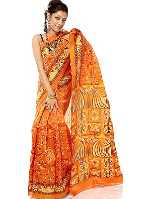 Printed Orange Sari from Kolkata