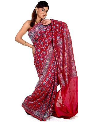 Purple Designer Jamdani Sari from Banaras with All-Over Paisleys and Bootis