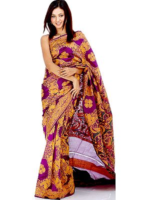 Purple Handwoven Sari from Banaras with Surreal Weave