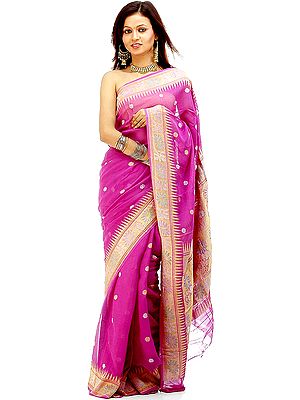 Purple Handwoven Sari with Silver and Golden Thread Weave
