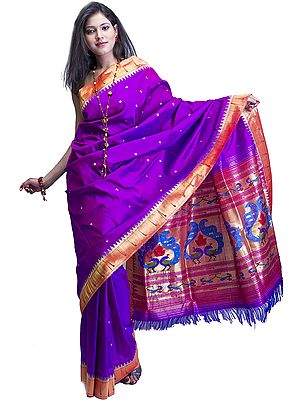 Purple Paithani Muniya Sari with Zari Thread Woven Peacocks on Anchal