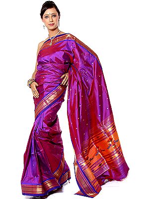 Purple Paithani Sari with Woven Peacocks on Anchal in Zari Thread