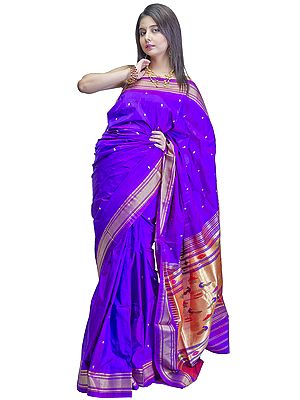 Purple Paithani Sari with Zari Thread Woven Peacocks on Anchal