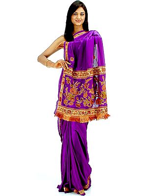 Purple Sari with Beads and Threadwork