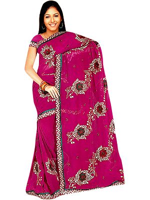 Purple Sari with Zardozi Work and Crewel Embroidered Flowers