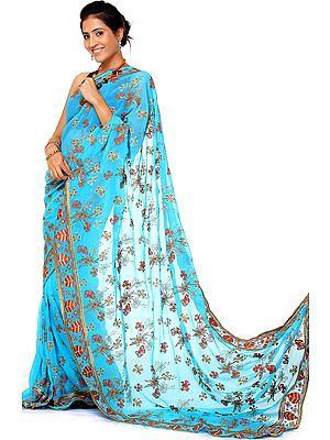 Radiant-Blue Sari with Aari Embroidered Flowers and Leaves