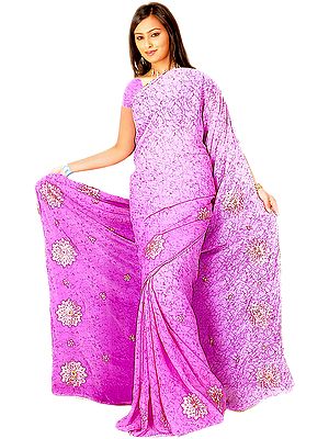 Radiant-Orchid Printed Sari with Thread Embroidery in Pink
