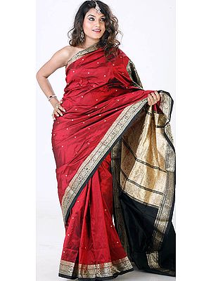 Red and Black Coimbatore Silk Sari with Golden Thread Weave on Border
