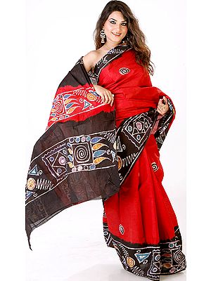 Red and Black Sari with Designer Batik Pallu and Border