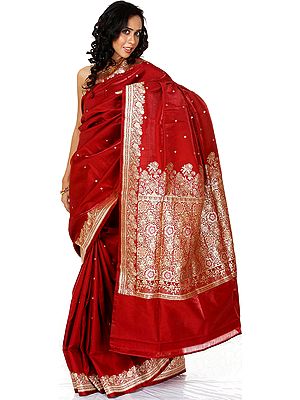 Red Banarasi Sari with Golden Bootis and Brocaded Anchal