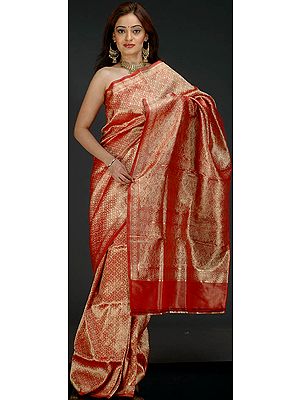 Red Bridal Banarasi Sari with All-Over Tanchoi Weave
