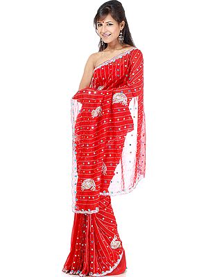 Red Bridal Sari with All-Over Mirrors and Sequins