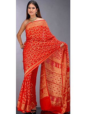 Red Bridal Sari with Golden and Silver Thread Weave
