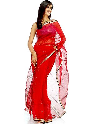 Red Chanderi Sari with Black Checks