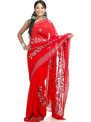 Red Georgette Sari with Sequins and Beads All-Over
