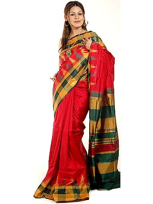 Red Kanjivaram Temple Sari with Checks on Border