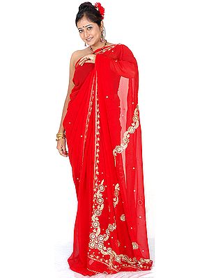 Red Sari with Sequins and Beadwork