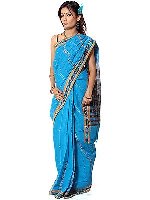Robin-Egg Blue Sari from Kolkata with Ikat Border and Anchal