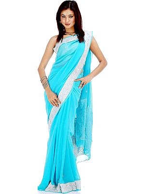 Robin-Egg Blue Sari with Silver Tissue Border