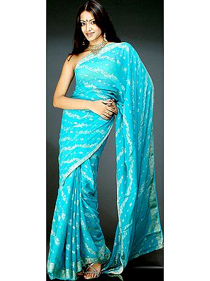 Robin's Egg Handwoven Sari with Silver and Golden Weave