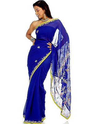 Royal Blue Sari with Threadwork and Beads