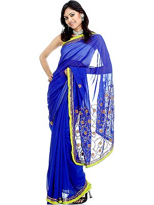 Royal Blue Sari with Threadwork and Sequins