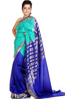 Royal-Blue and Jade-Green Mysore Silk Sari with Brocaded Border and Anchal